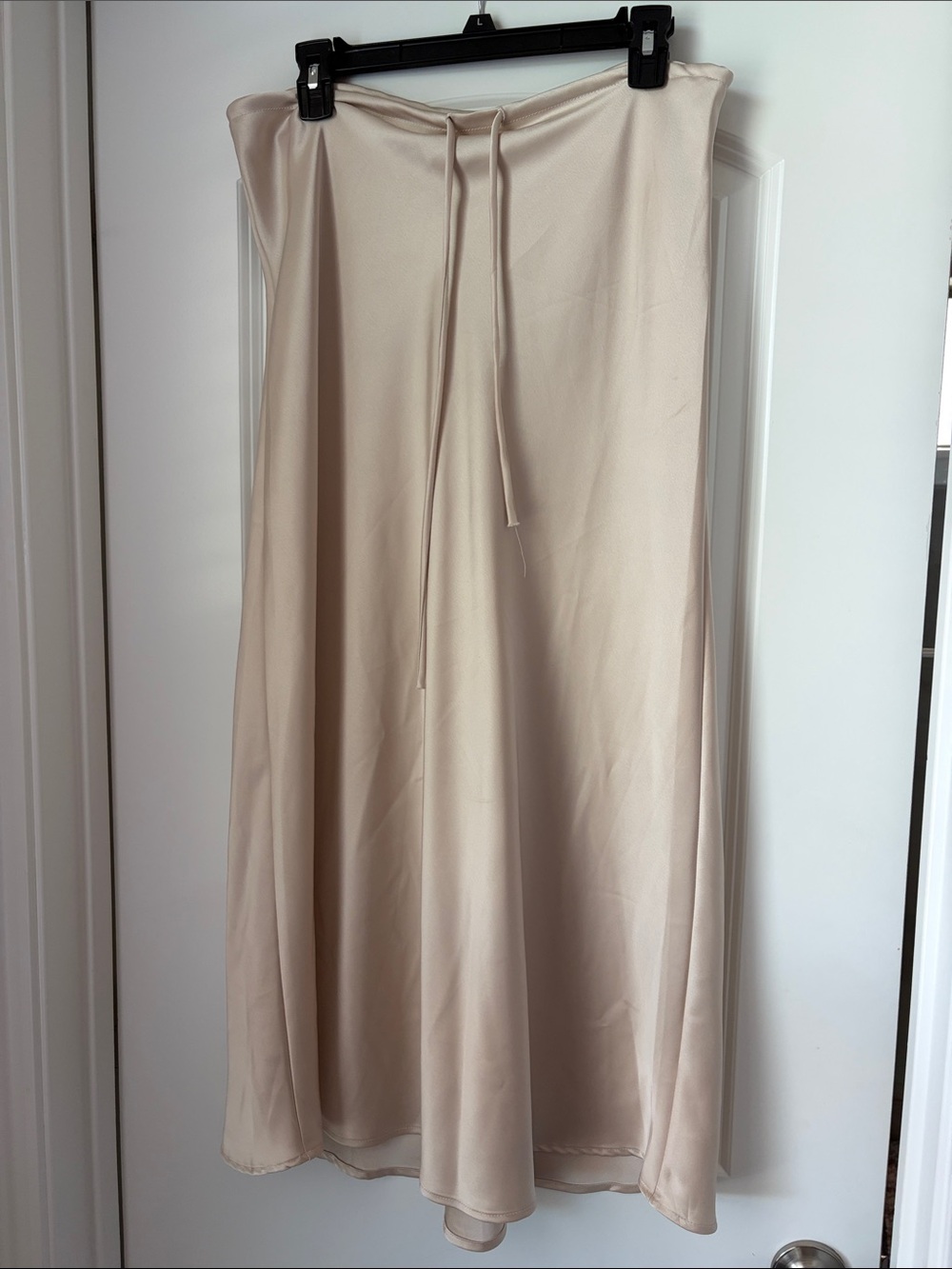 Beige Satin A-Line Drawstring Waist Skirt